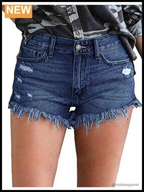 Distressed Ripped Denim Shorts Mid Rise Raw Hem Summer Jean Short